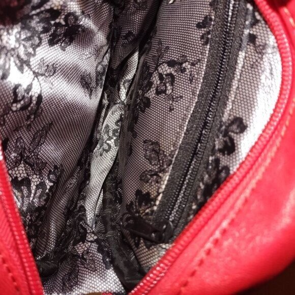 Red Spiral Zipper Round Crossbody Bag W/Adjustable Strap & Lace-Lined Interior - Picture 3 of 4